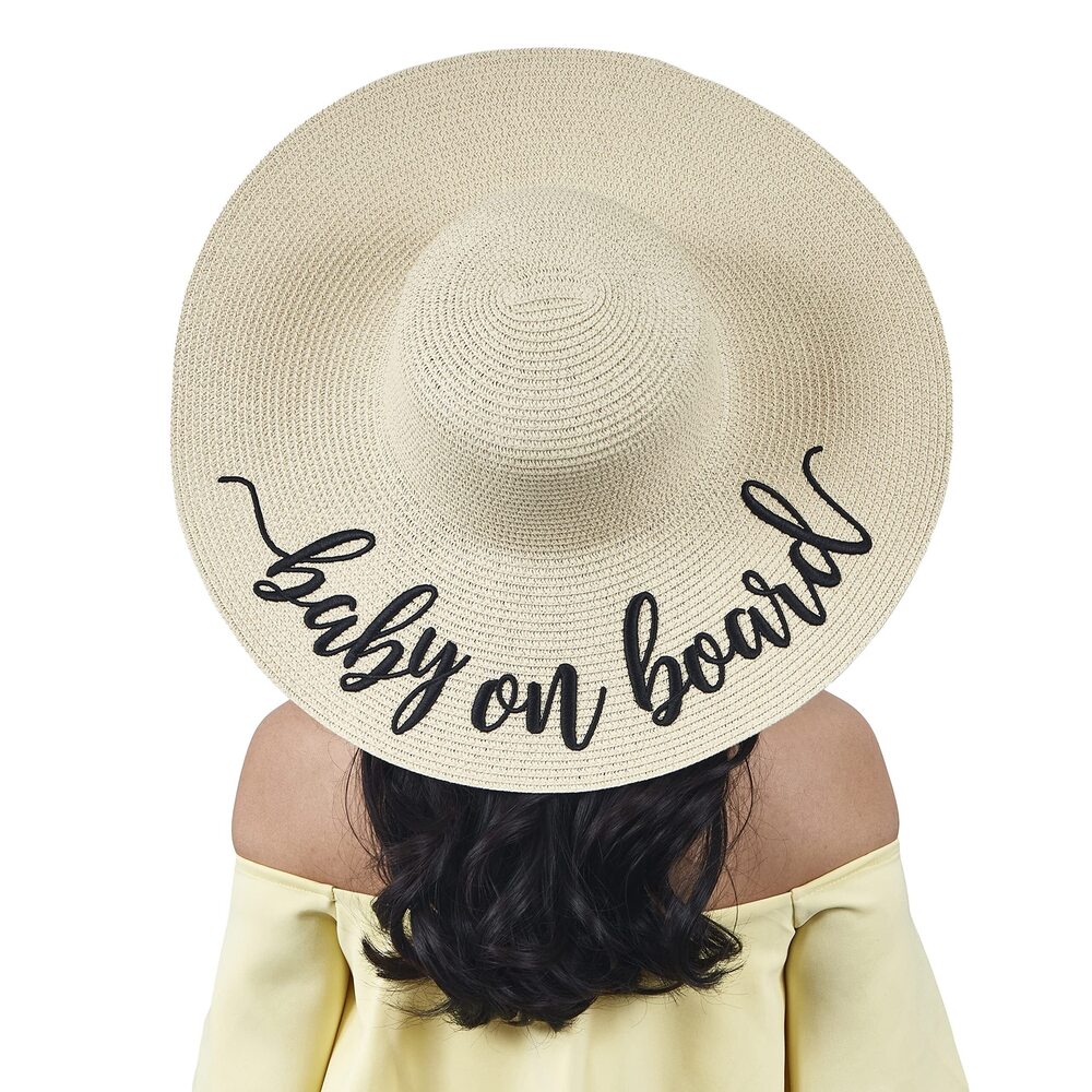 5534 Embroidered Straw Sun Floppy Hat Gender Reveal Announcement Baby On